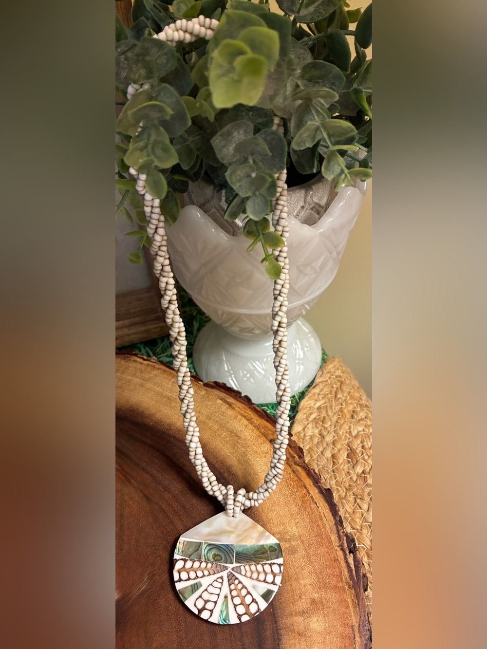 Cream Glass Beaded Necklace with Shell and Abalone Pendant